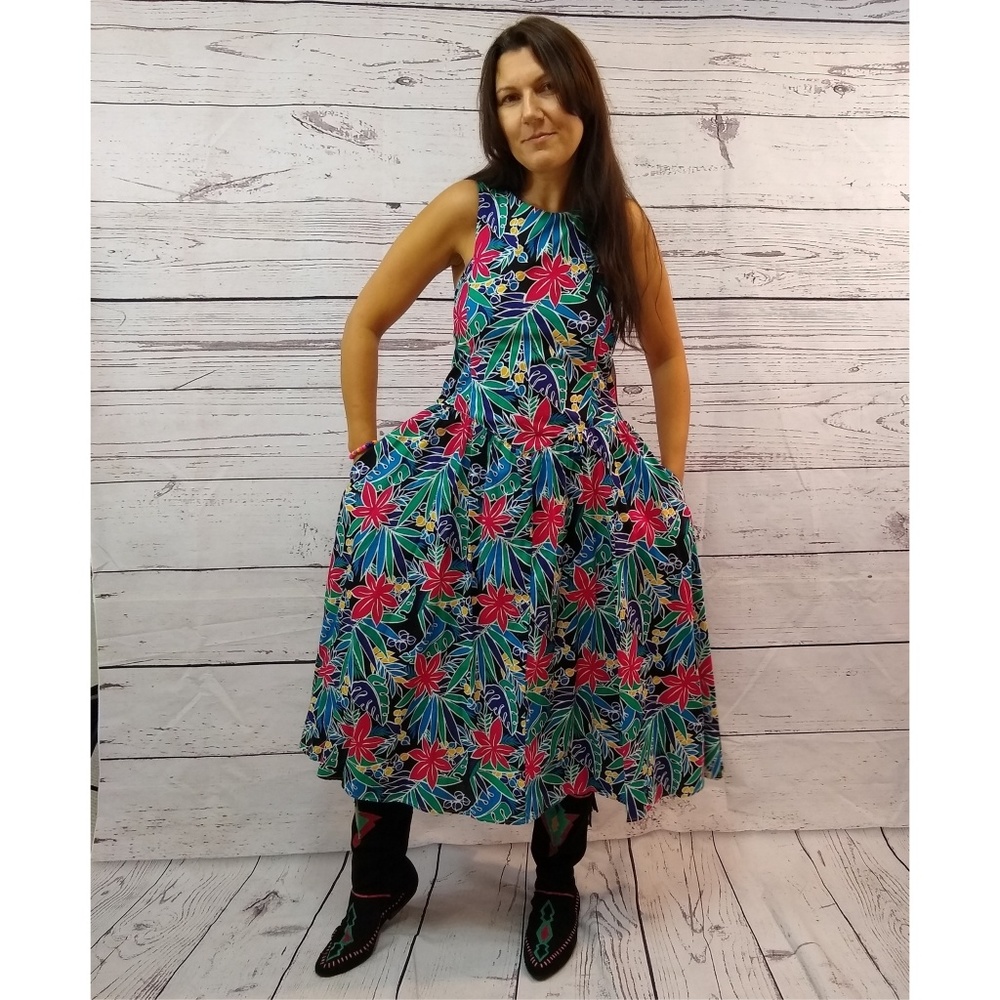 80s floral print cutout back dress with pockets - Picture 4 of 5